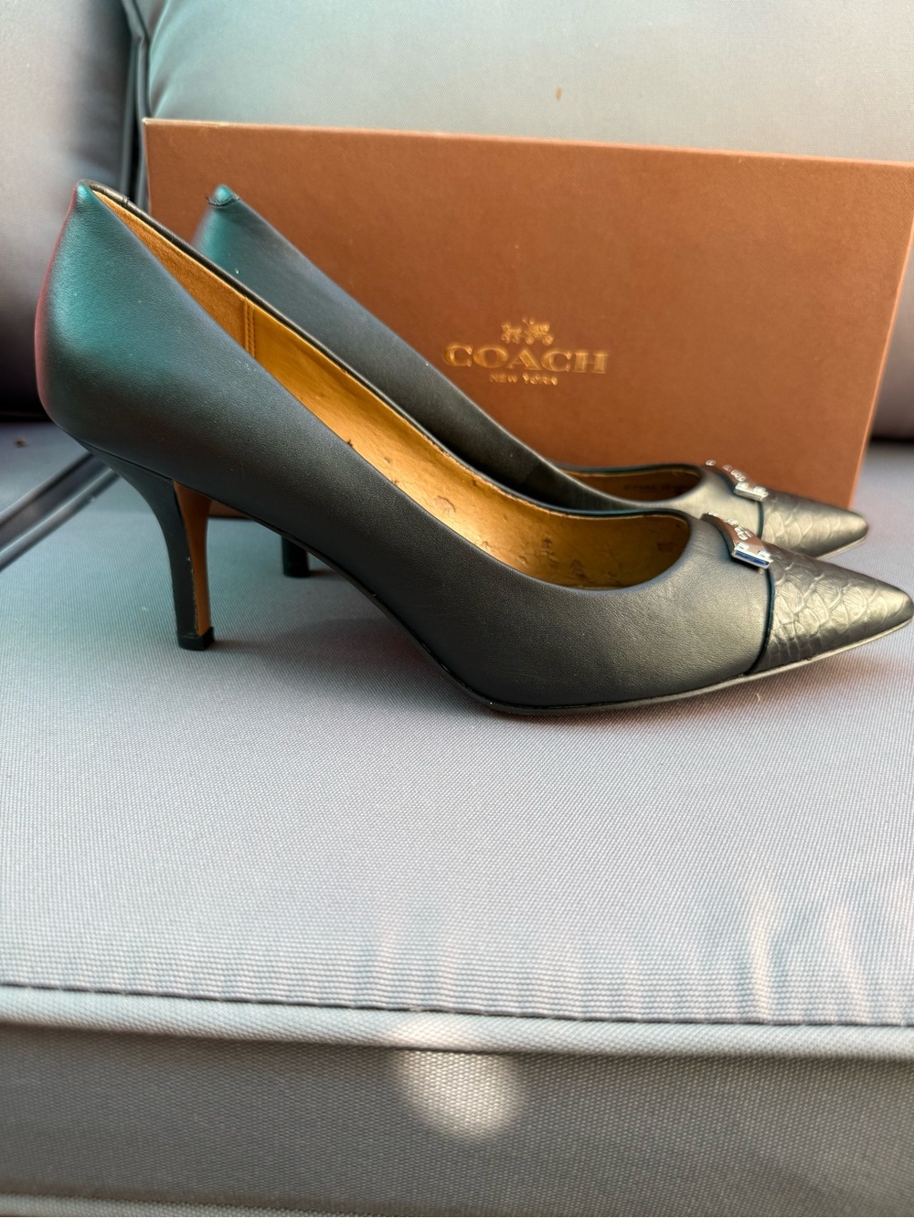 COACH Black Leather Pointed-Toe Kitten Heels with Signature Accent